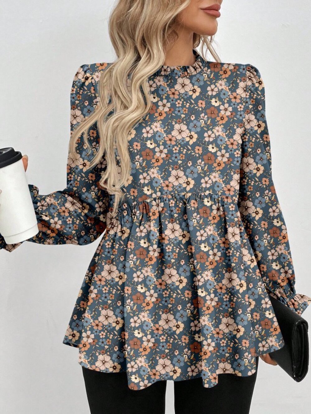 Multicolor Boho Women's Stand Collar Ruffled Bishop Sleeve A-Line Peplum Blouse